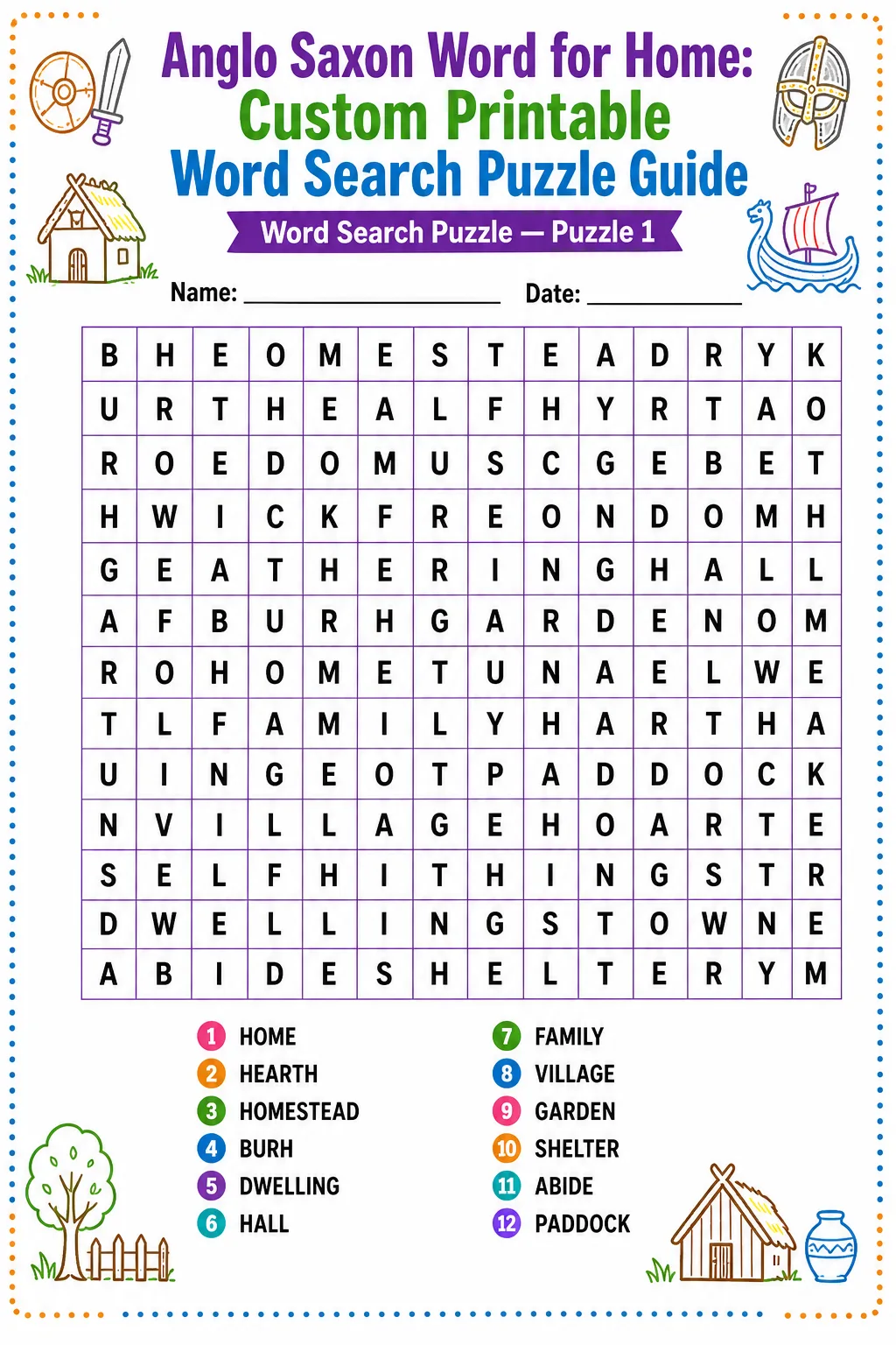 Anglo Saxon Word for Home: Custom Printable Word Search Puzzle Guide