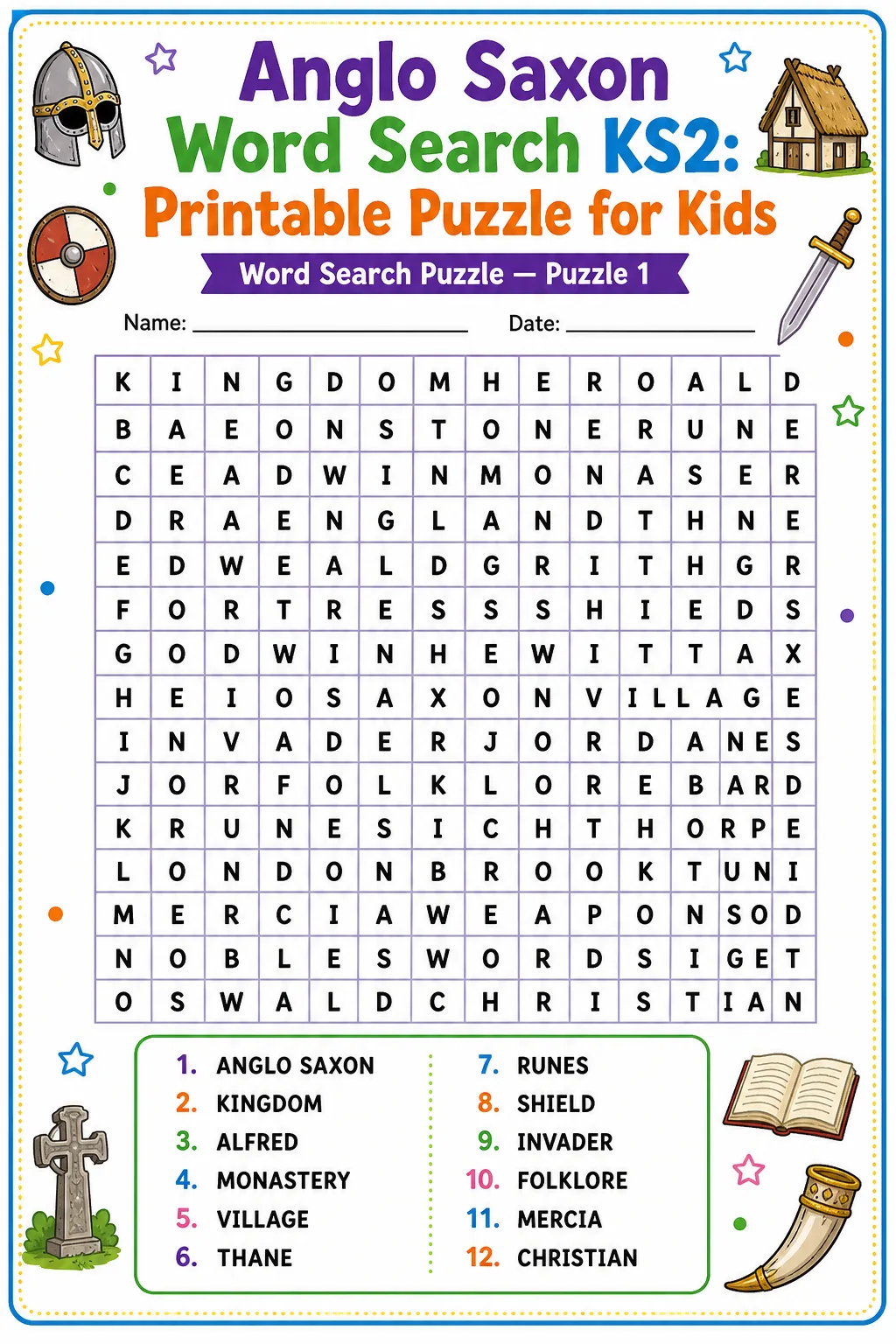 Anglo Saxon Word Search KS2: Printable Puzzle for Kids