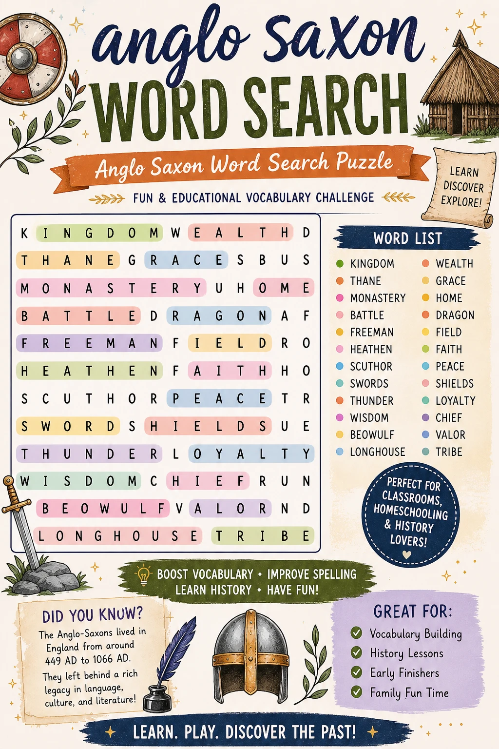 Anglo Saxon Word Search Puzzle | Fun & Educational Vocabulary Challenge