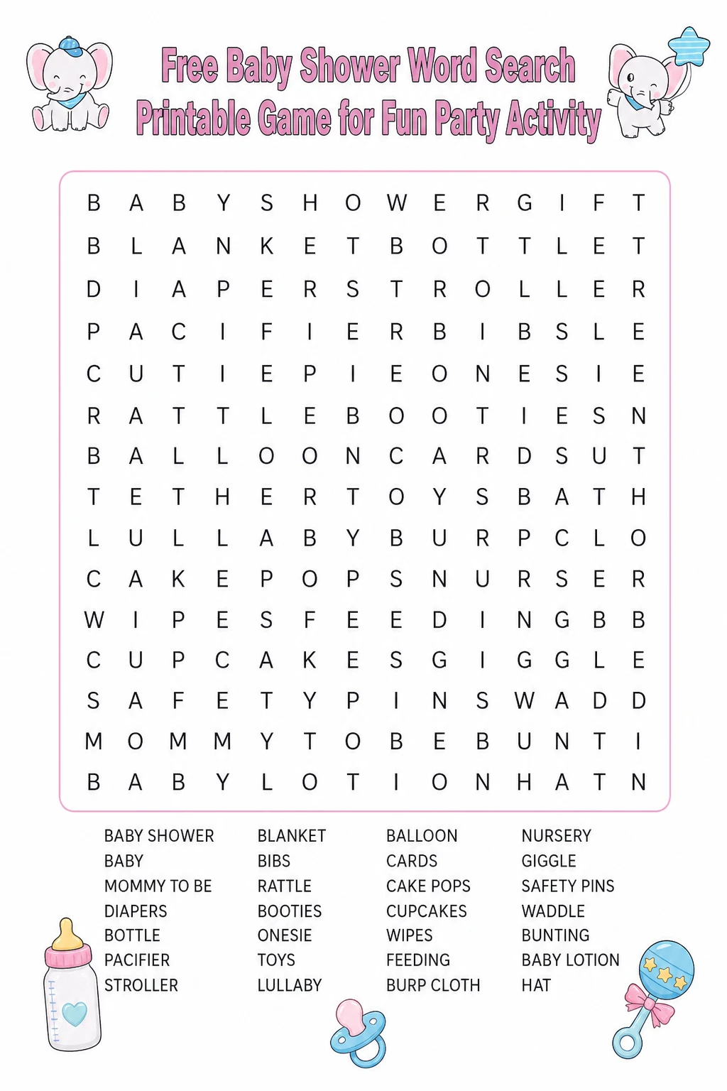 Free Baby Shower Word Search Printable Game for Fun Party Activity