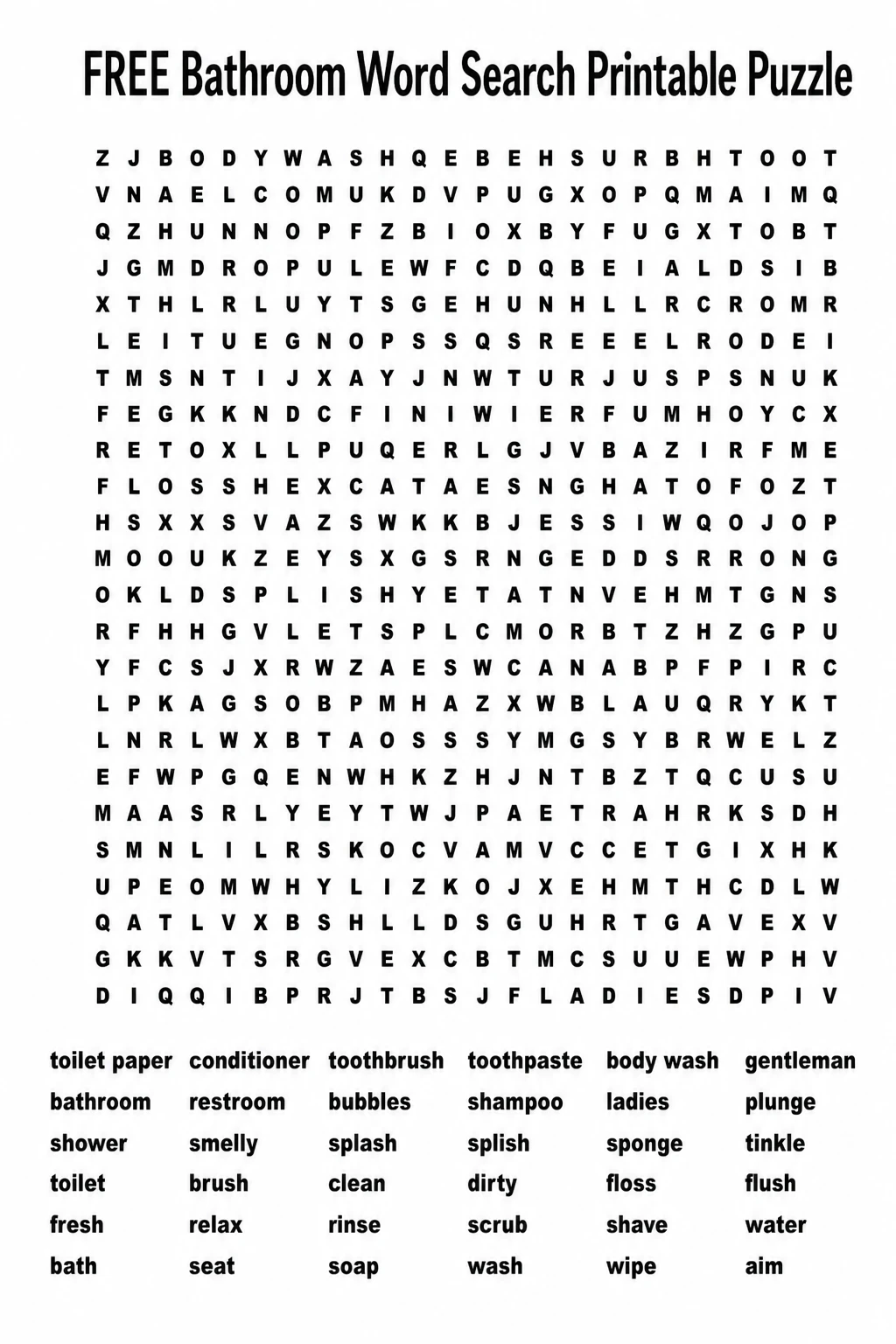 FREE Bathroom Word Search Printable Puzzle