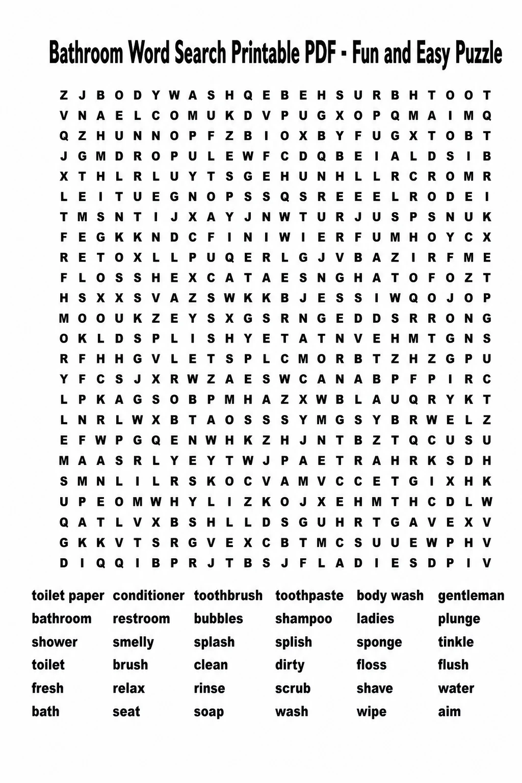 Bathroom Word Search Printable PDF - Fun and Easy Puzzle