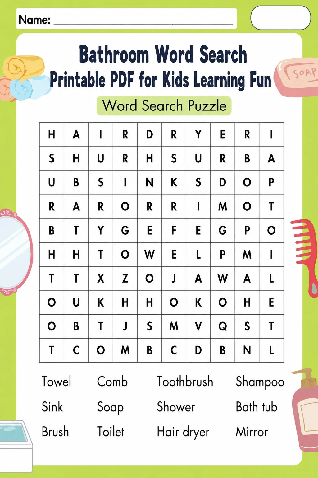 Bathroom Word Search Printable PDF for Kids Learning Fun