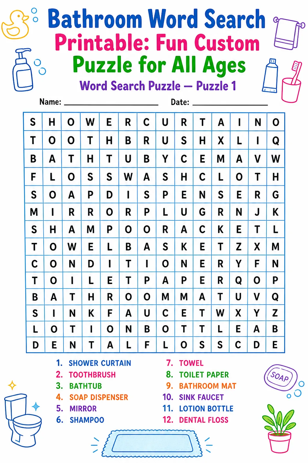 Bathroom Word Search Printable: Fun Custom Puzzle for All Ages