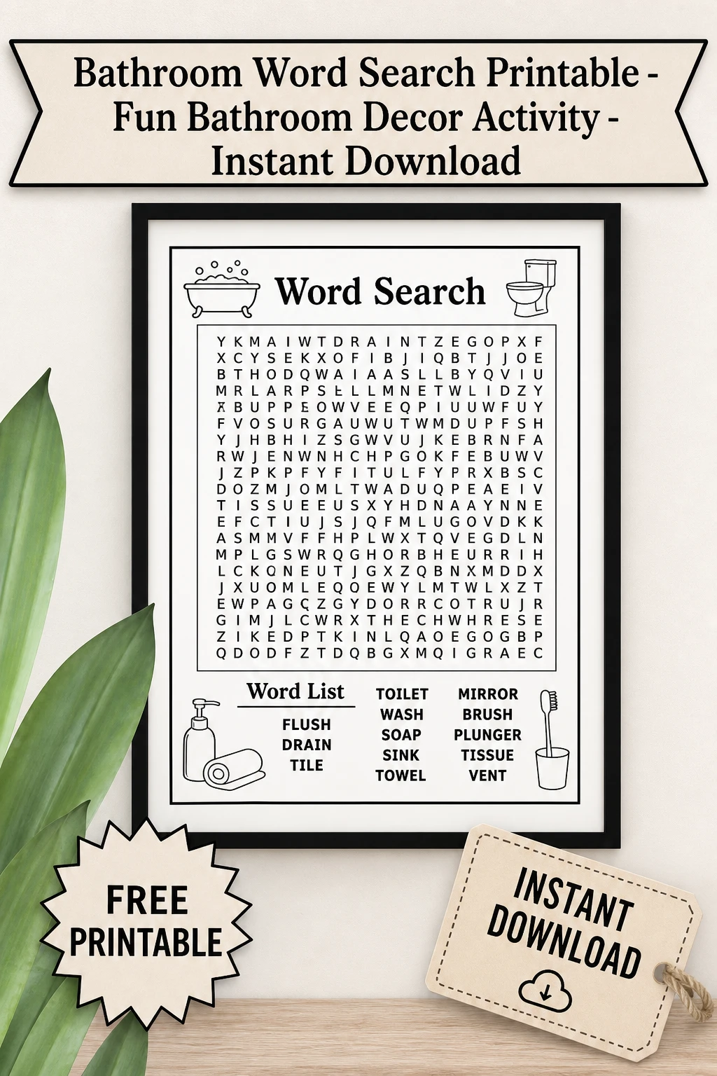 Bathroom Word Search Printable - Fun Bathroom Decor Activity - Instant Download