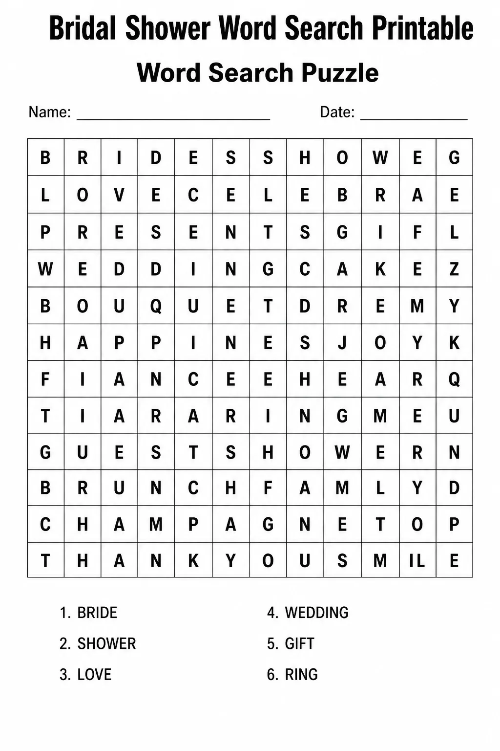 Bridal Shower Word Search Printable