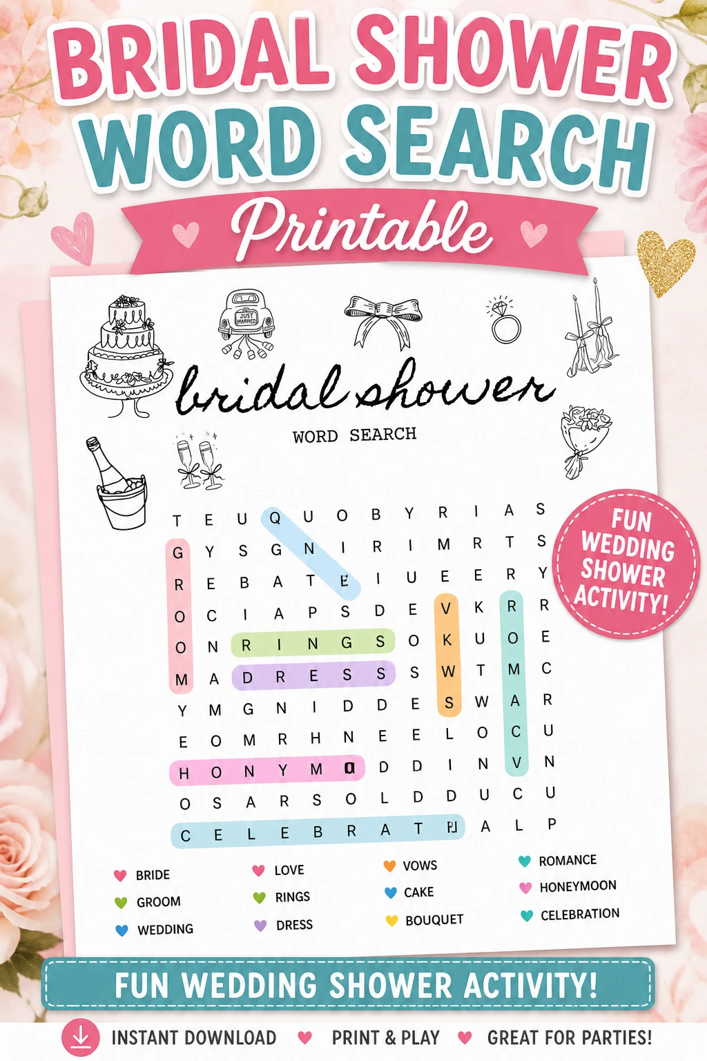 Bridal Shower Word Search Printable Game, Fun Wedding Shower Activity, Instant Download