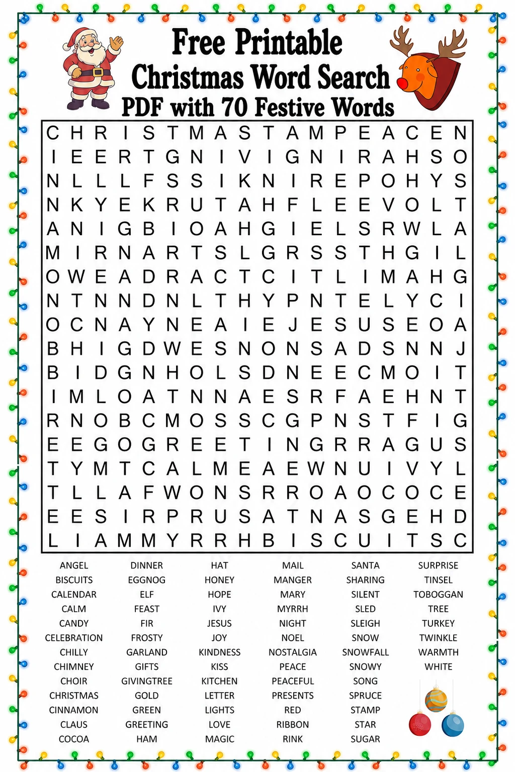 Free Printable Christmas Word Search PDF with 70 Festive Words