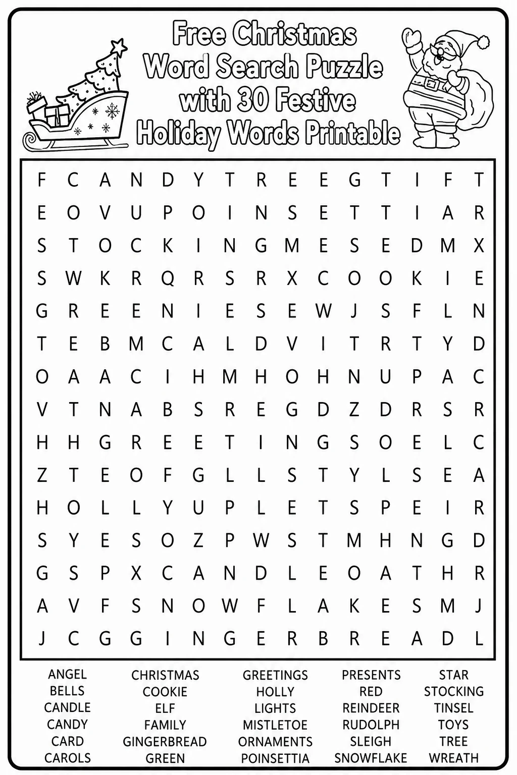 Free Christmas Word Search Puzzle with 30 Festive Holiday Words Printable
