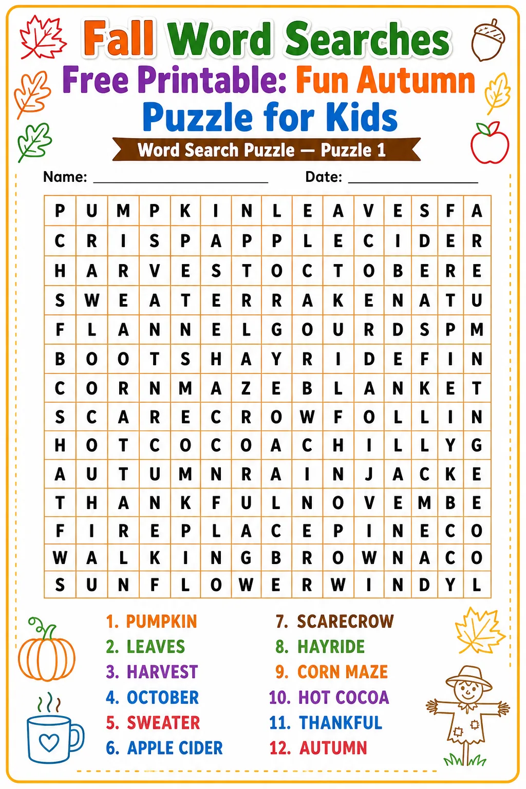 Fall Word Searches Free Printable: Fun Autumn Puzzle for Kids