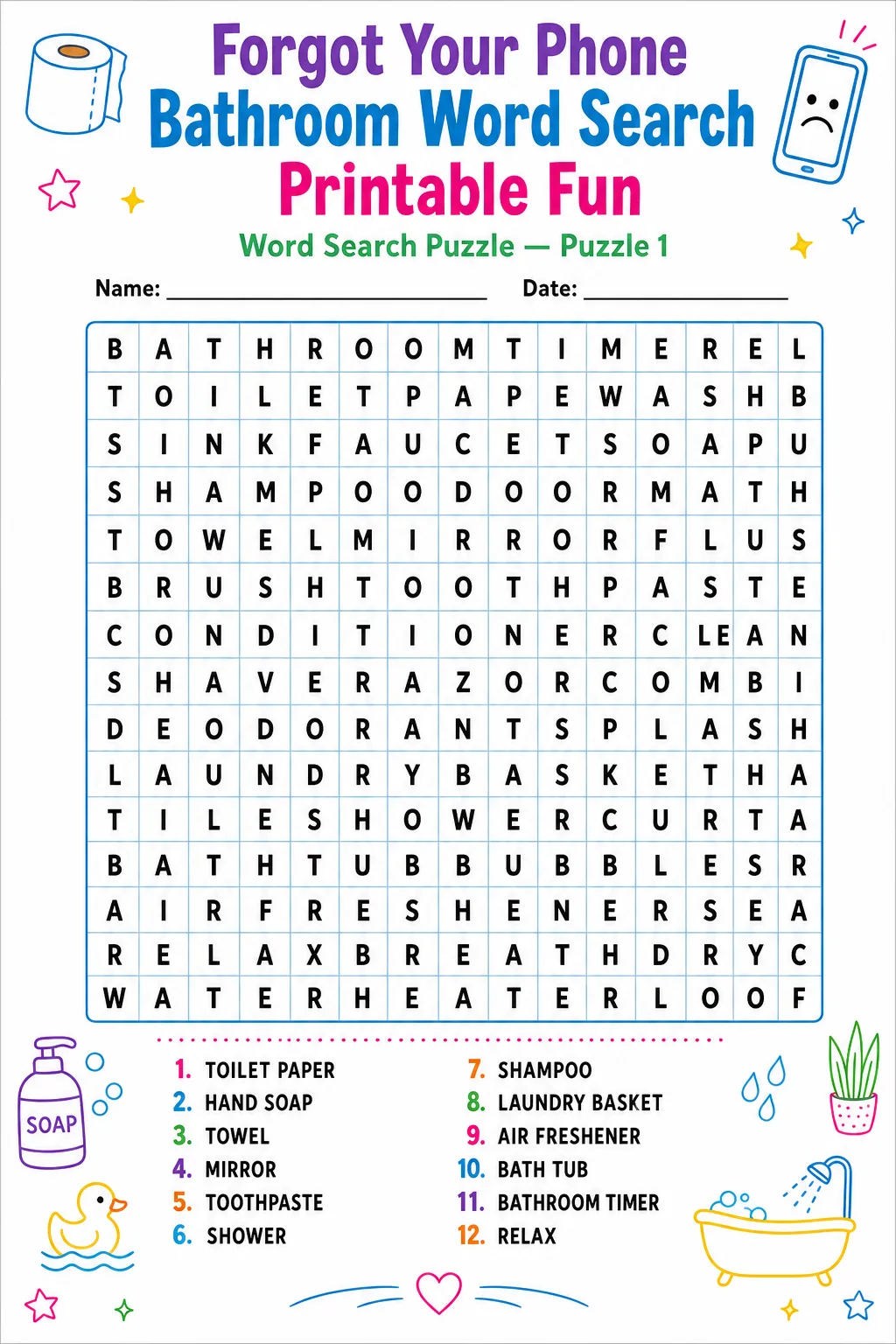 Forgot Your Phone Bathroom Word Search Printable Fun