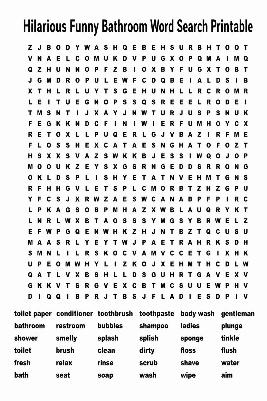 Hilarious Funny Bathroom Word Search Printable