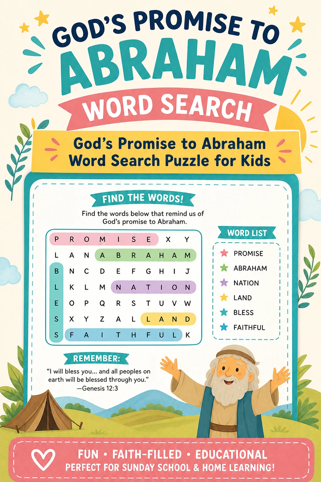 God's Promise to Abraham Word Search Puzzle for Kids