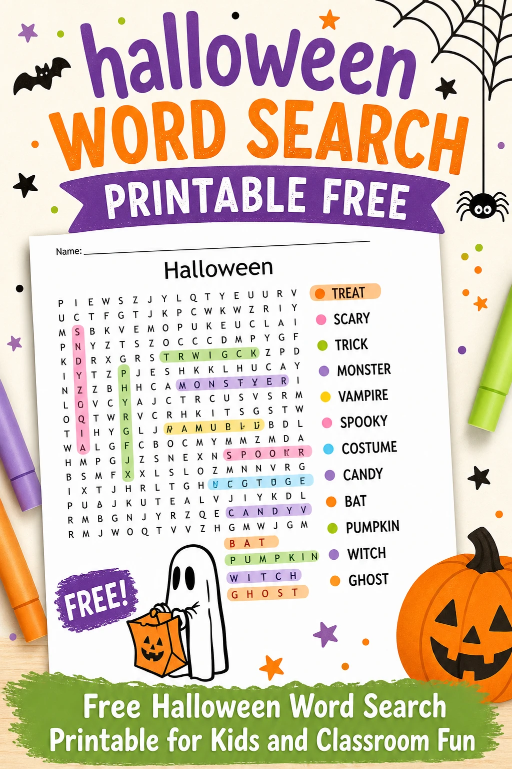 Free Halloween Word Search Printable for Kids and Classroom Fun