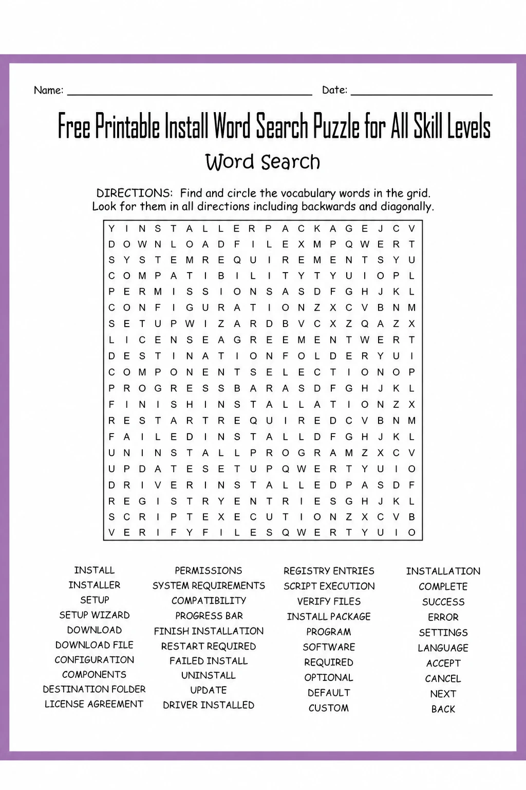 Free Printable Install Word Search Puzzle for All Skill Levels