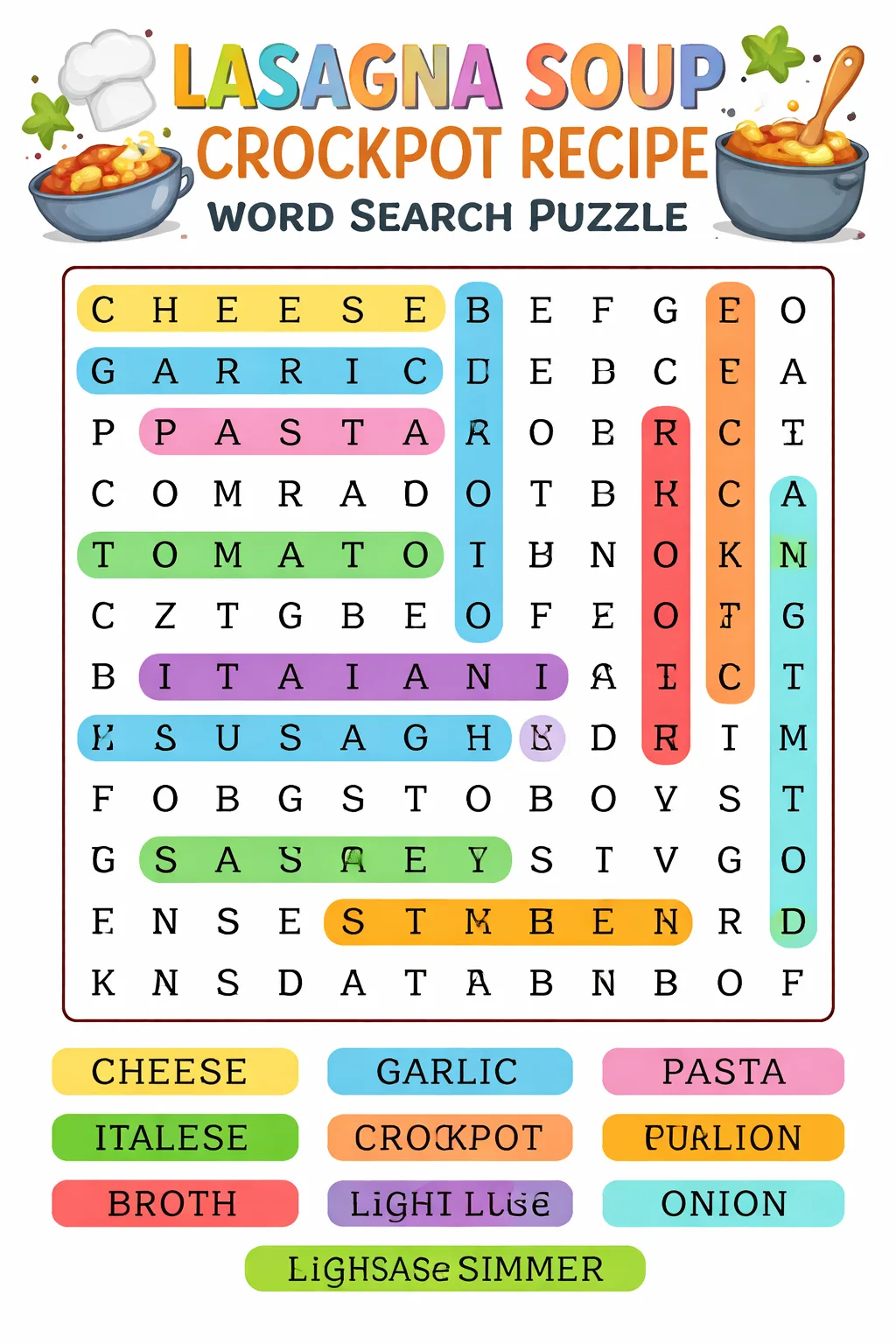 Lasagna Soup Crockpot Recipe Word Search Puzzle