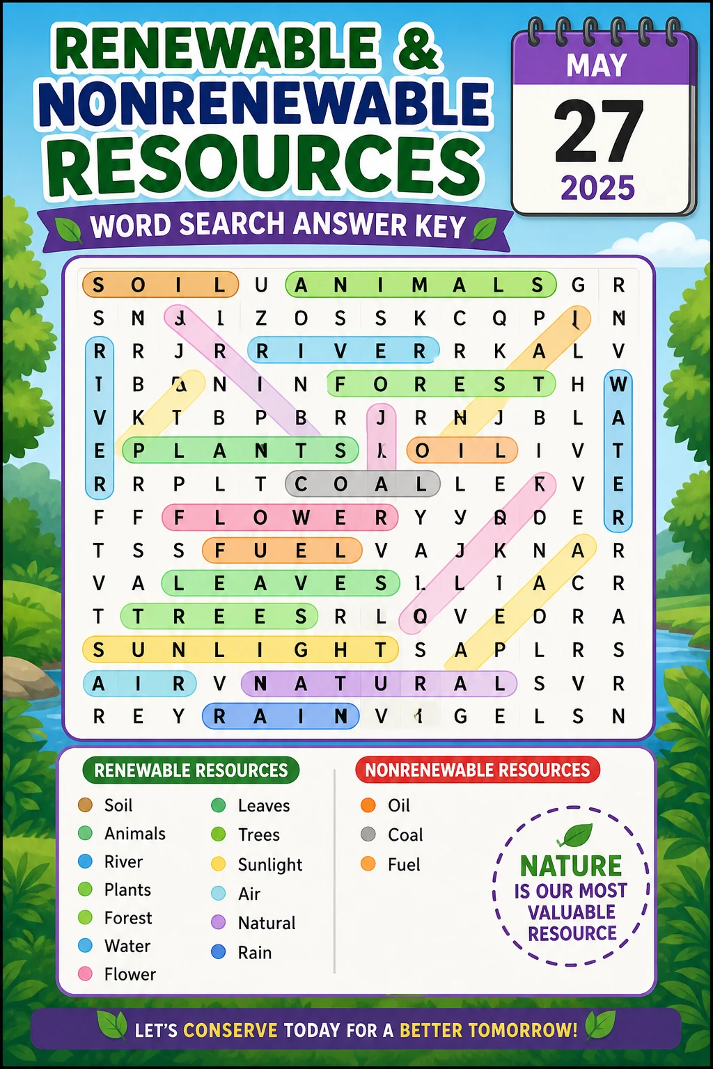 Renewable and Nonrenewable Resources Word Search Answer Key