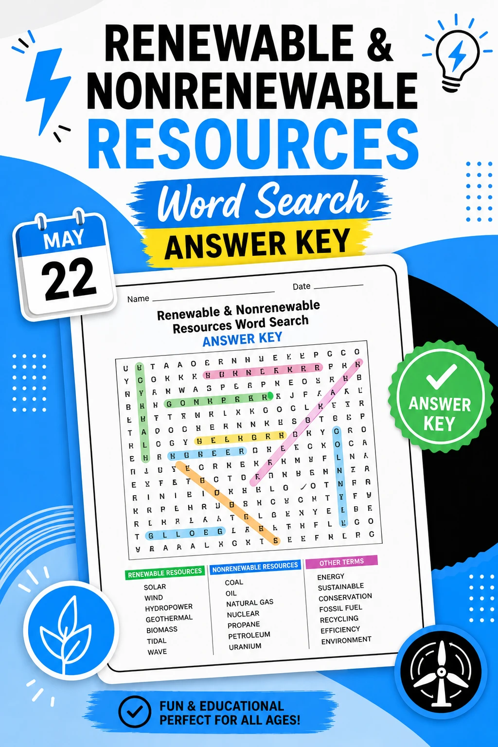 Renewable and Nonrenewable Resources Word Search Answer Key | Science Puzzle