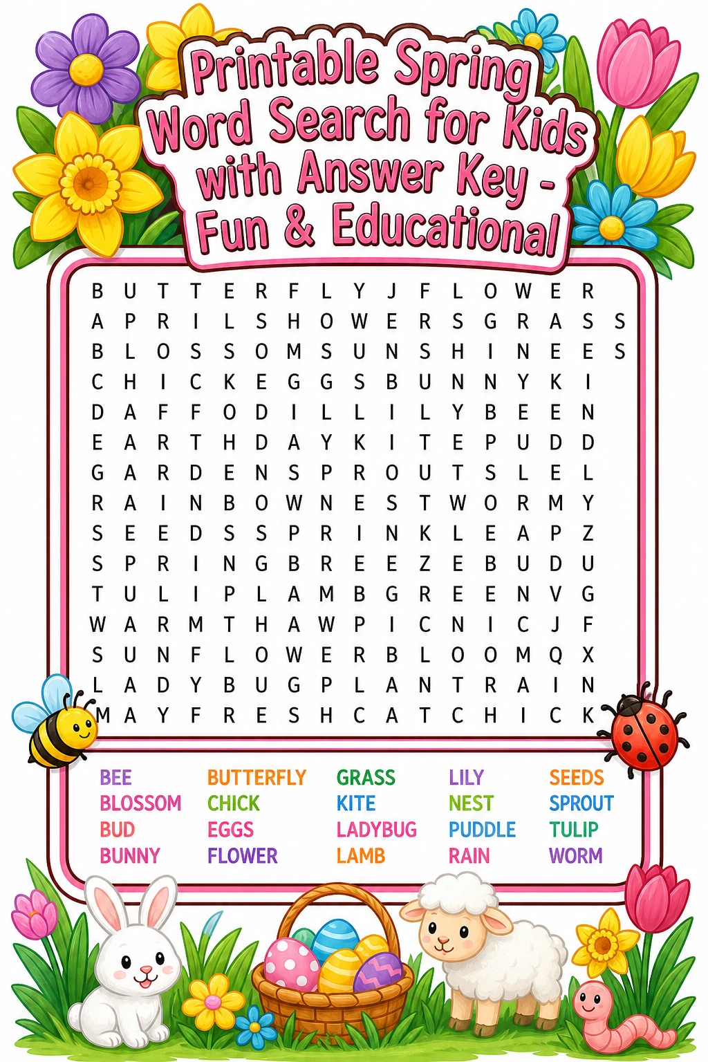 Printable Spring Word Search for Kids with Answer Key - Fun & Educational