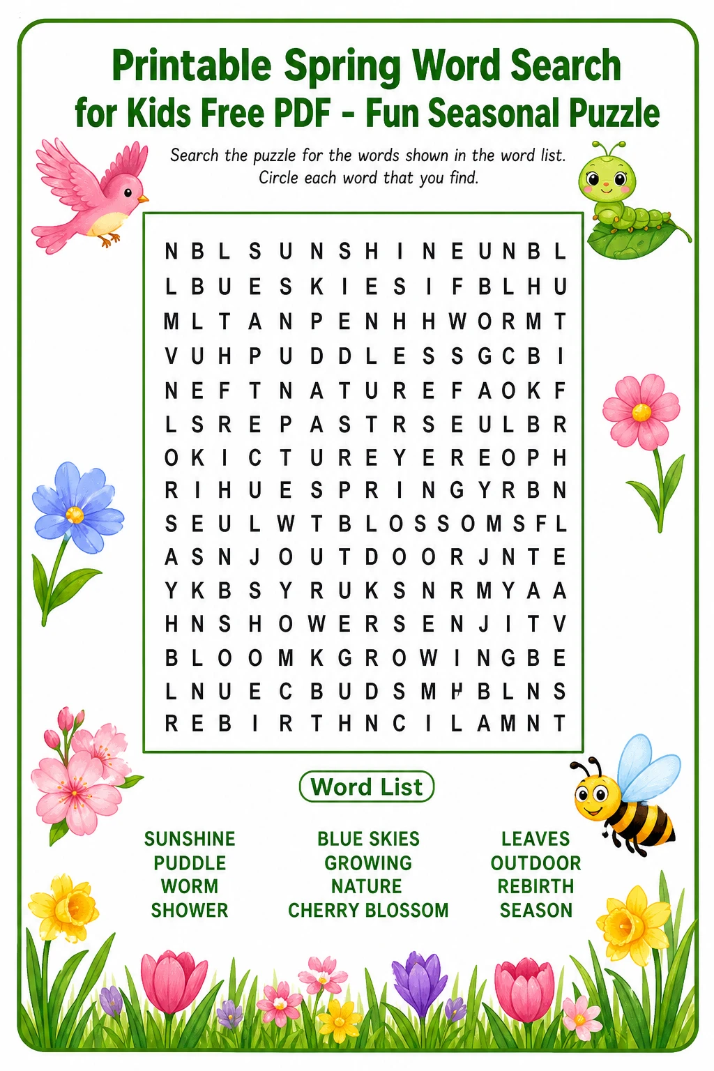 Printable Spring Word Search for Kids Free PDF - Fun Seasonal Puzzle