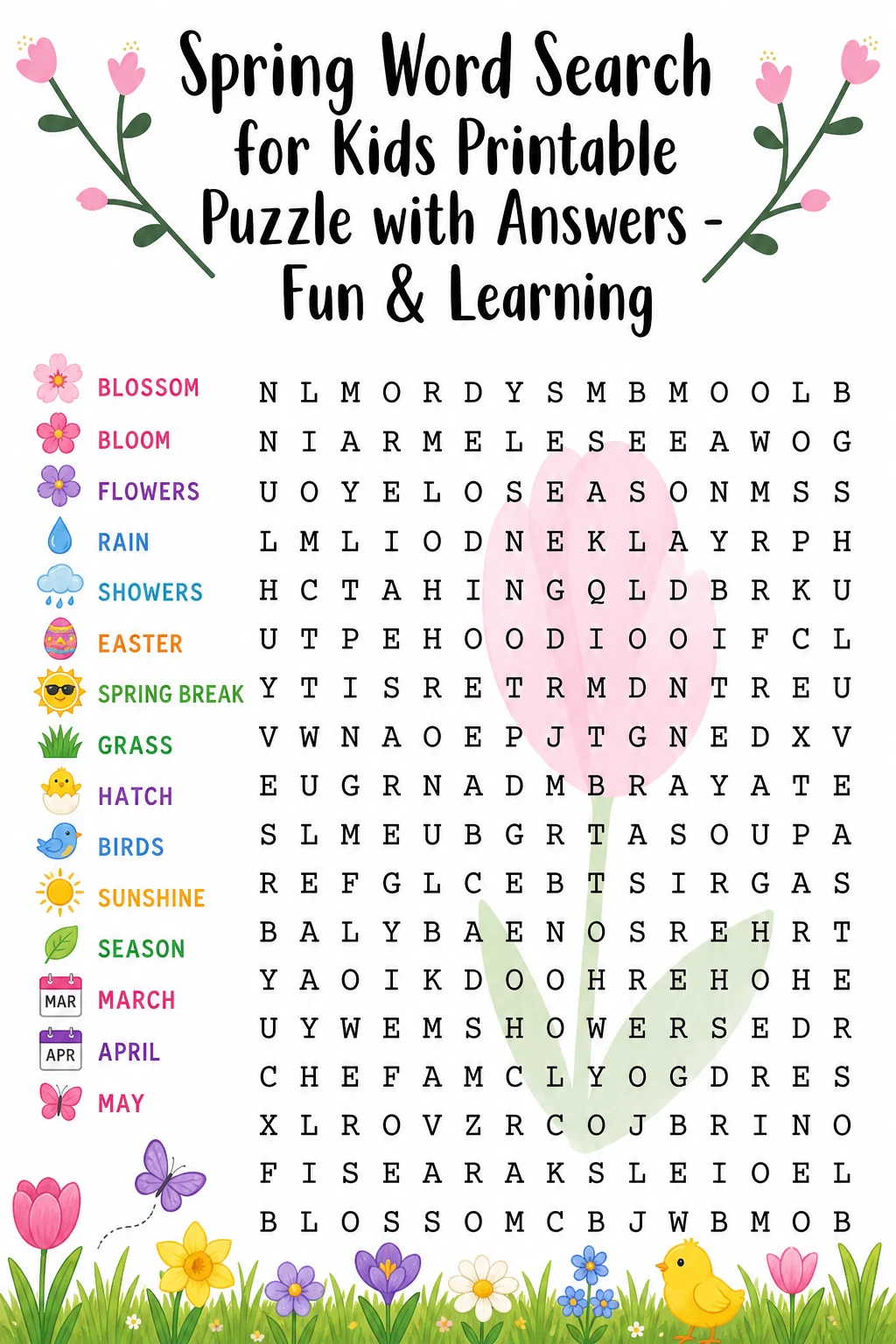 Spring Word Search for Kids Printable Puzzle with Answers - Fun & Learning