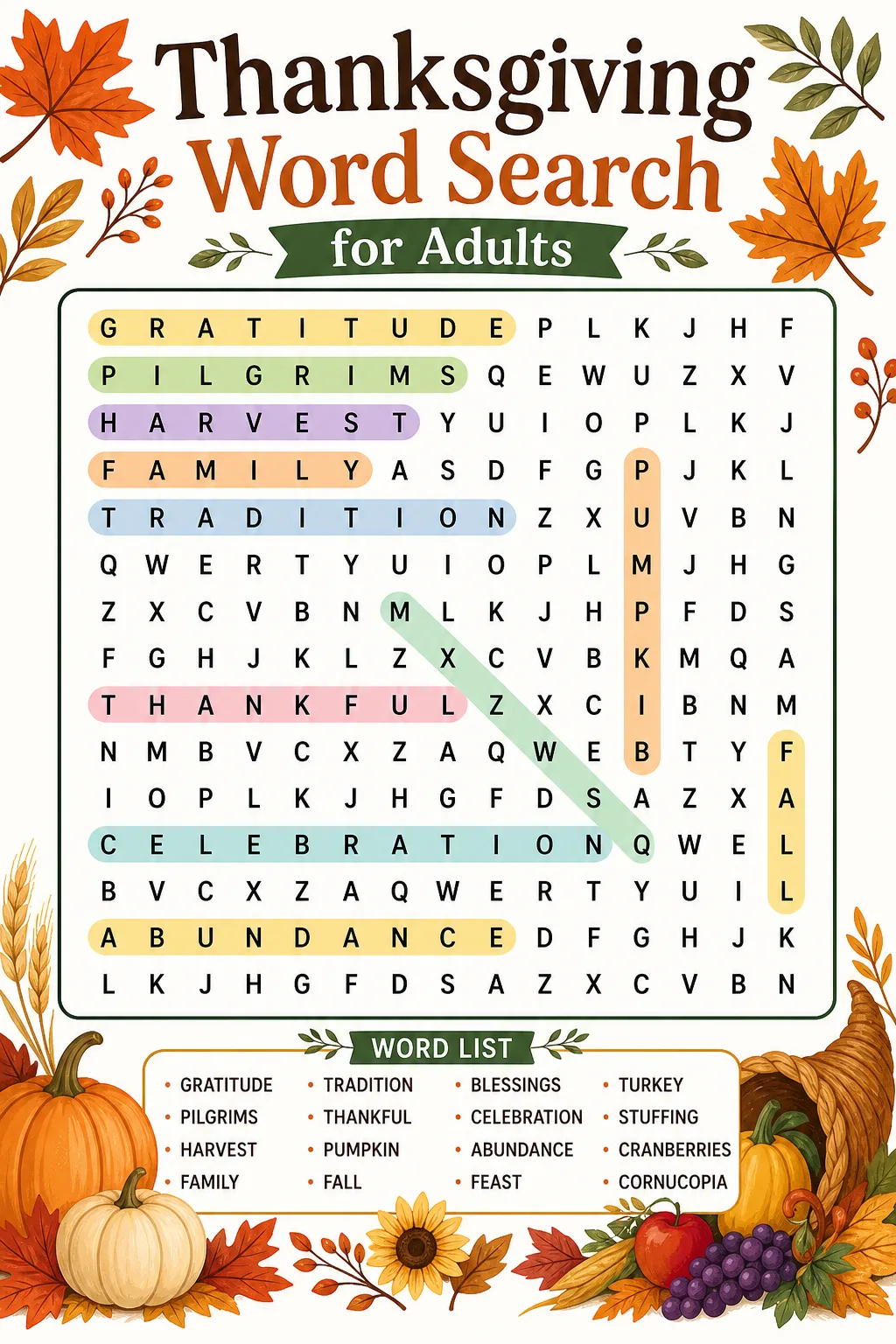 Thanksgiving Word Search for Adults