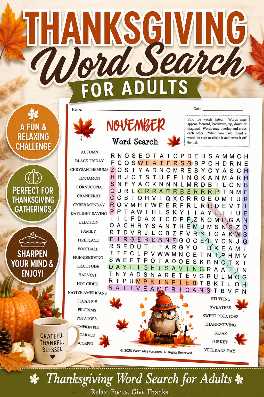 Thanksgiving Word Search for Adults