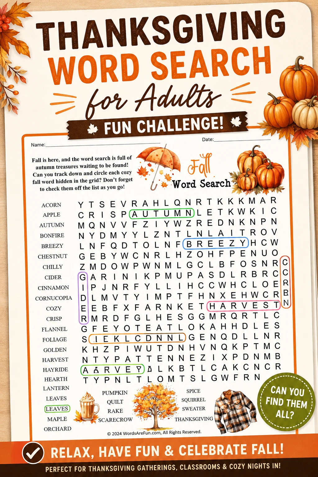 Thanksgiving Word Search for Adults Fun Challenge