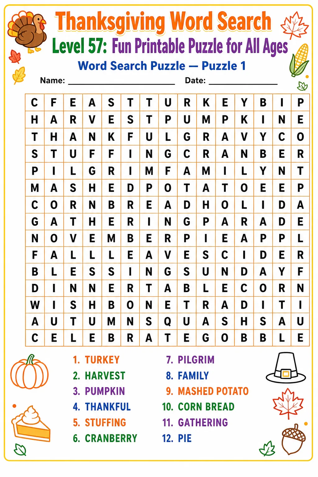 Thanksgiving Word Search Level 57: Fun Printable Puzzle for All Ages