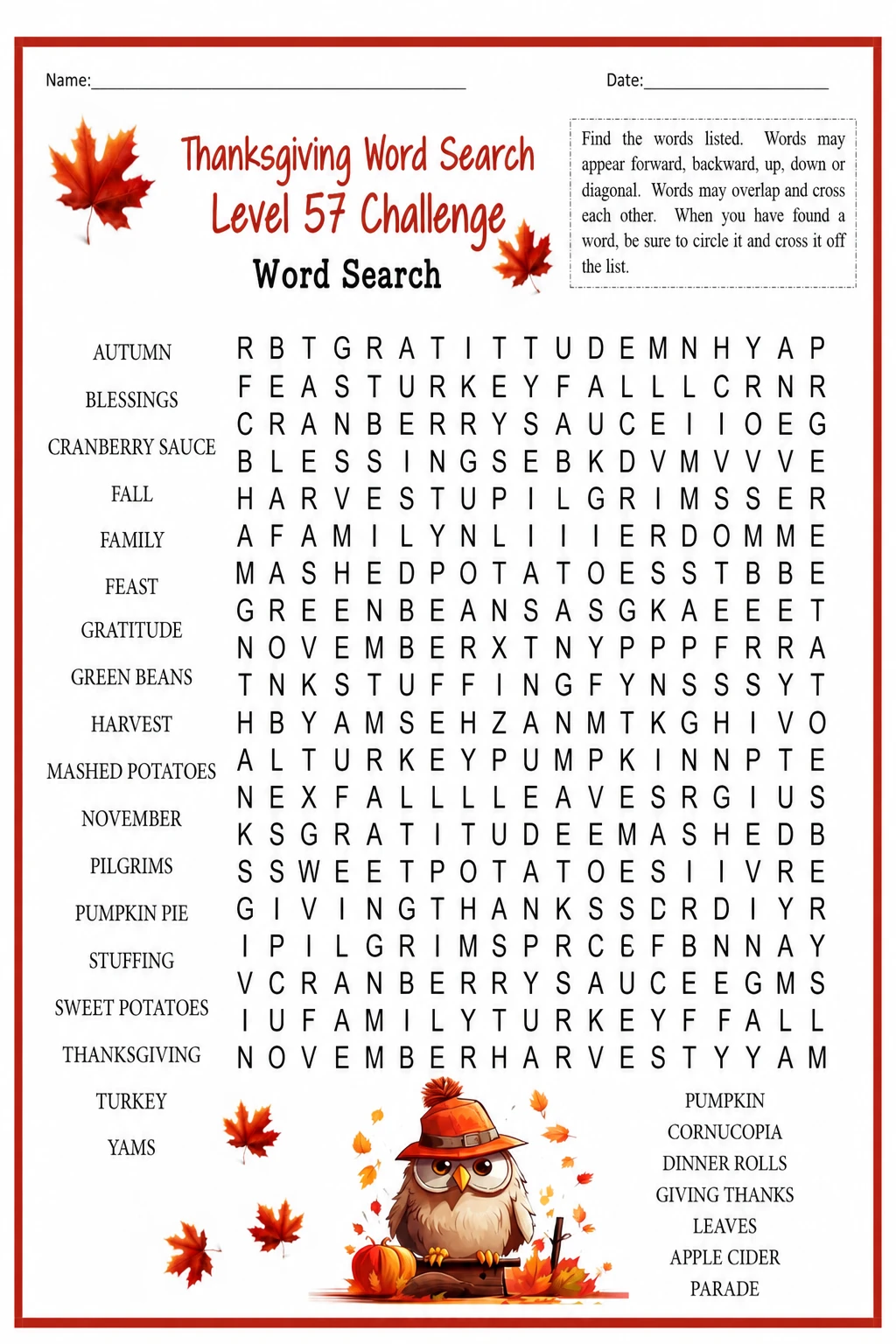 Thanksgiving Word Search Level 57 Challenge