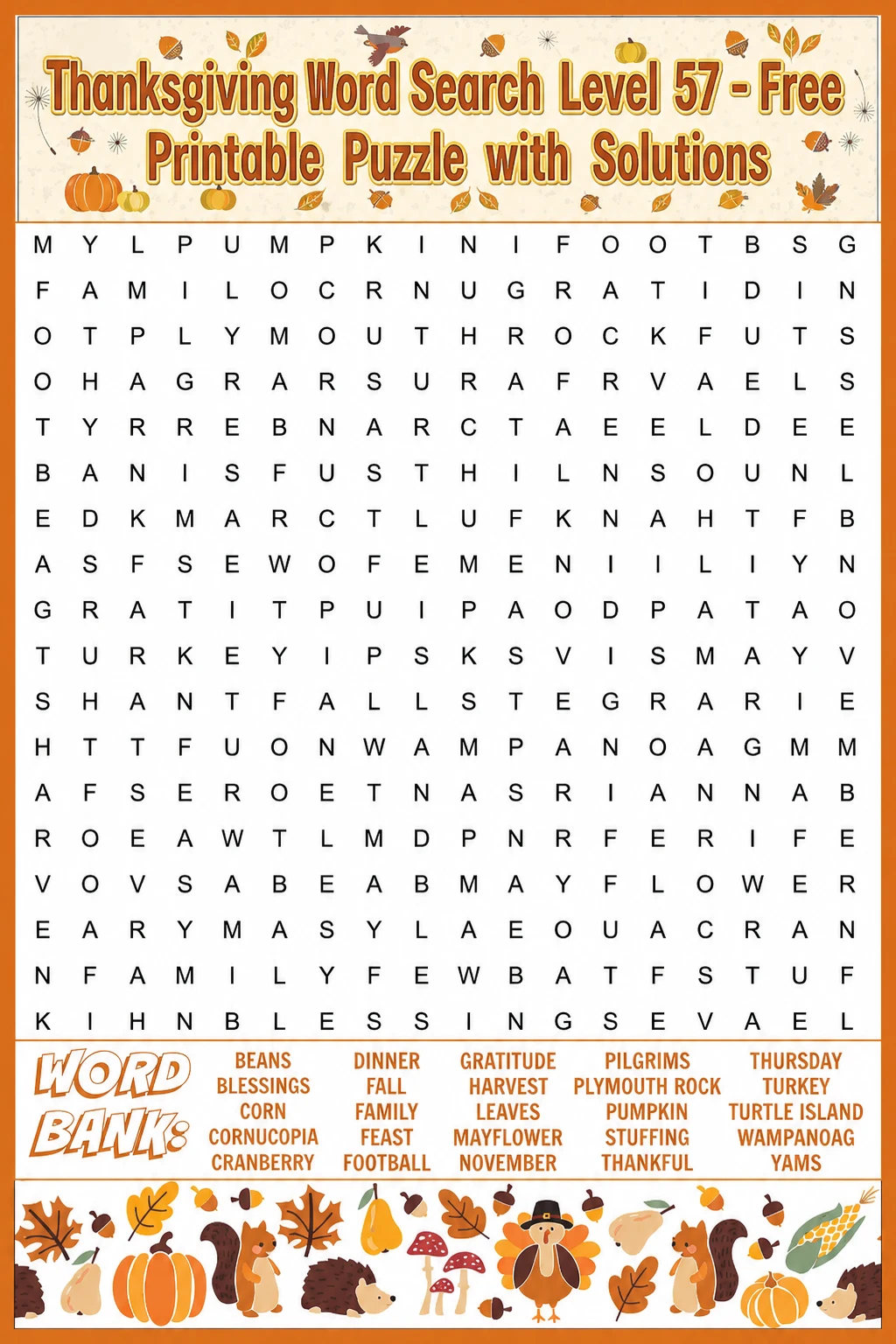 Thanksgiving Word Search Level 57 - Free Printable Puzzle with Solutions