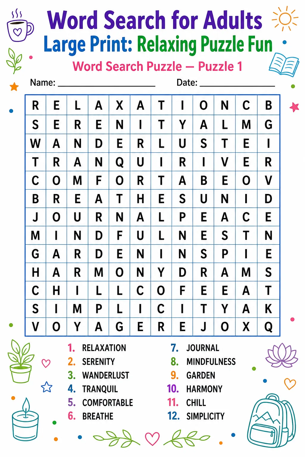 Word Search for Adults Large Print: Relaxing Puzzle Fun