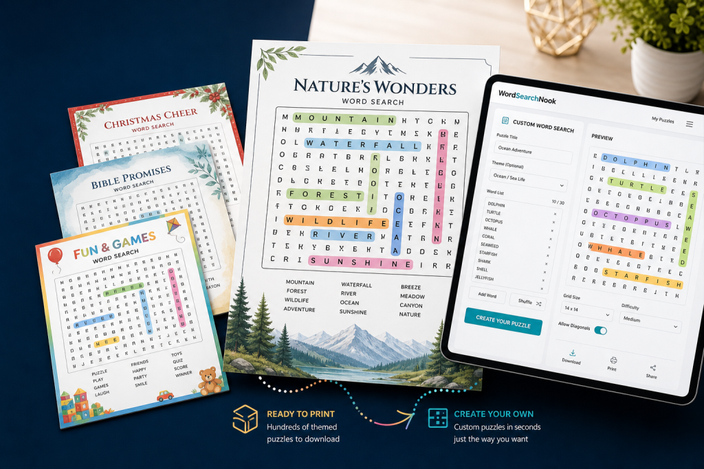 Printable word search puzzles including Christmas Cheer, Bible Promises and Nature's Wonders, alongside a tablet showing a custom puzzle builder