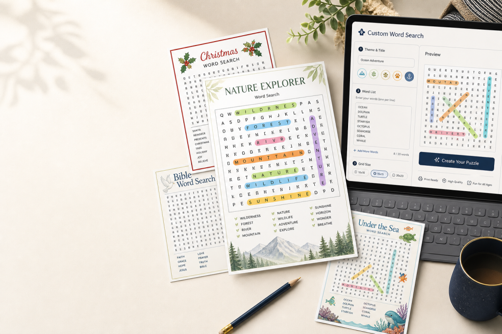 Nature Explorer, Christmas and Bible-themed word search puzzles next to a tablet custom puzzle builder
