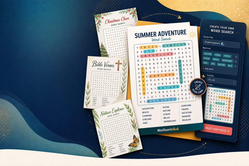 Summer Adventure word search puzzle with a phone showing the create-your-own puzzle tool