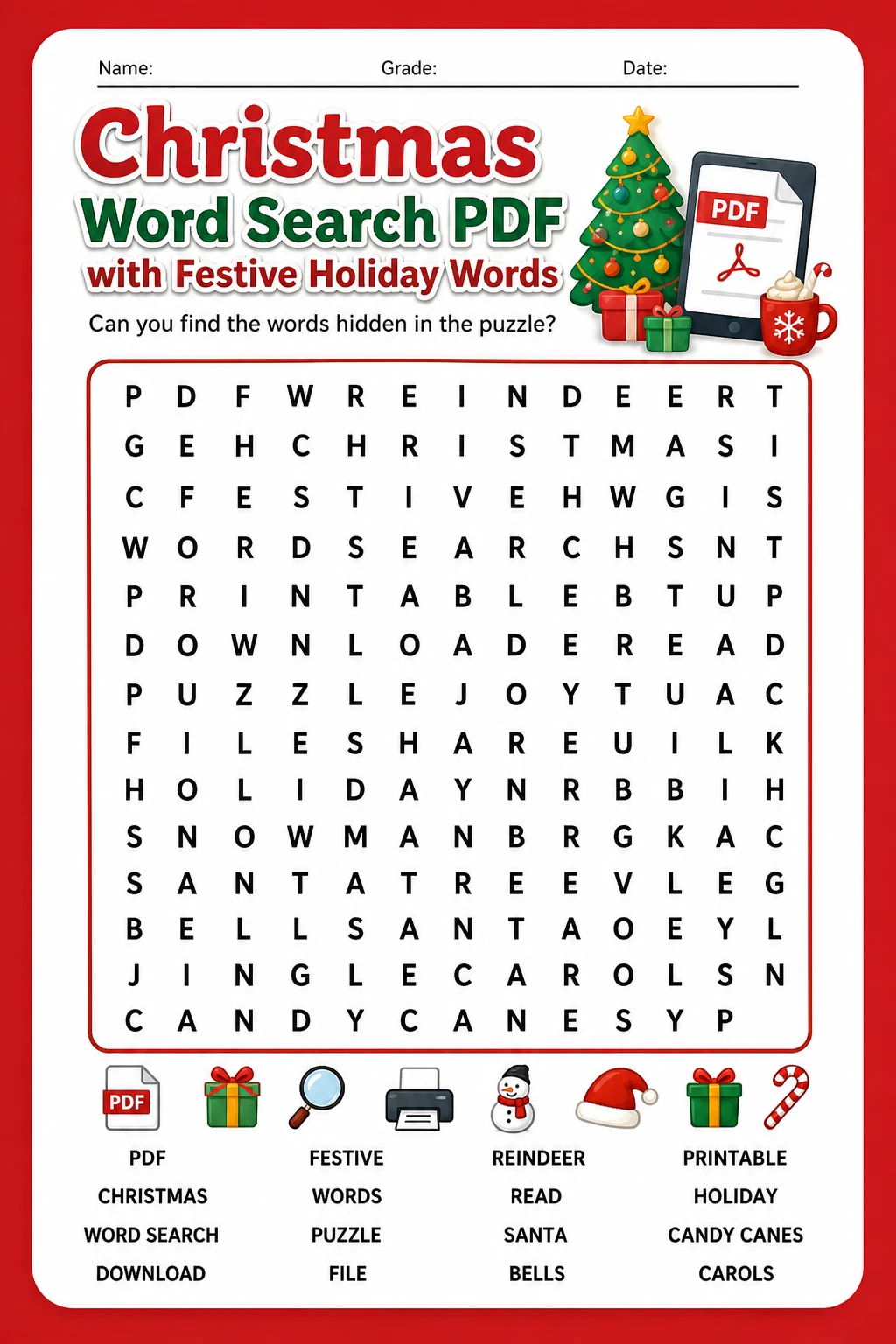 Christmas Word Search PDF with Festive Holiday Words