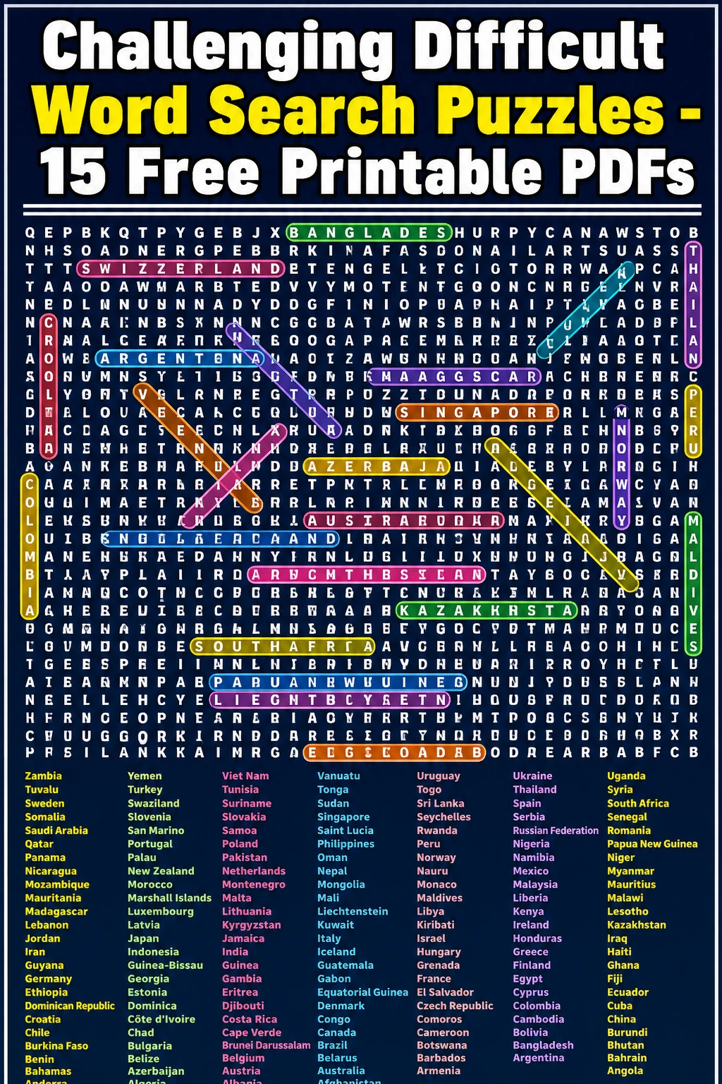 Challenging Difficult Word Search Puzzles - 15 Free Printable PDFs