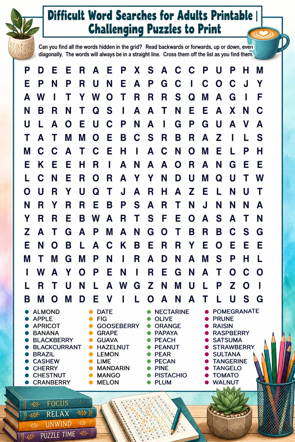 Difficult Word Searches for Adults Printable | Challenging Puzzles to Print