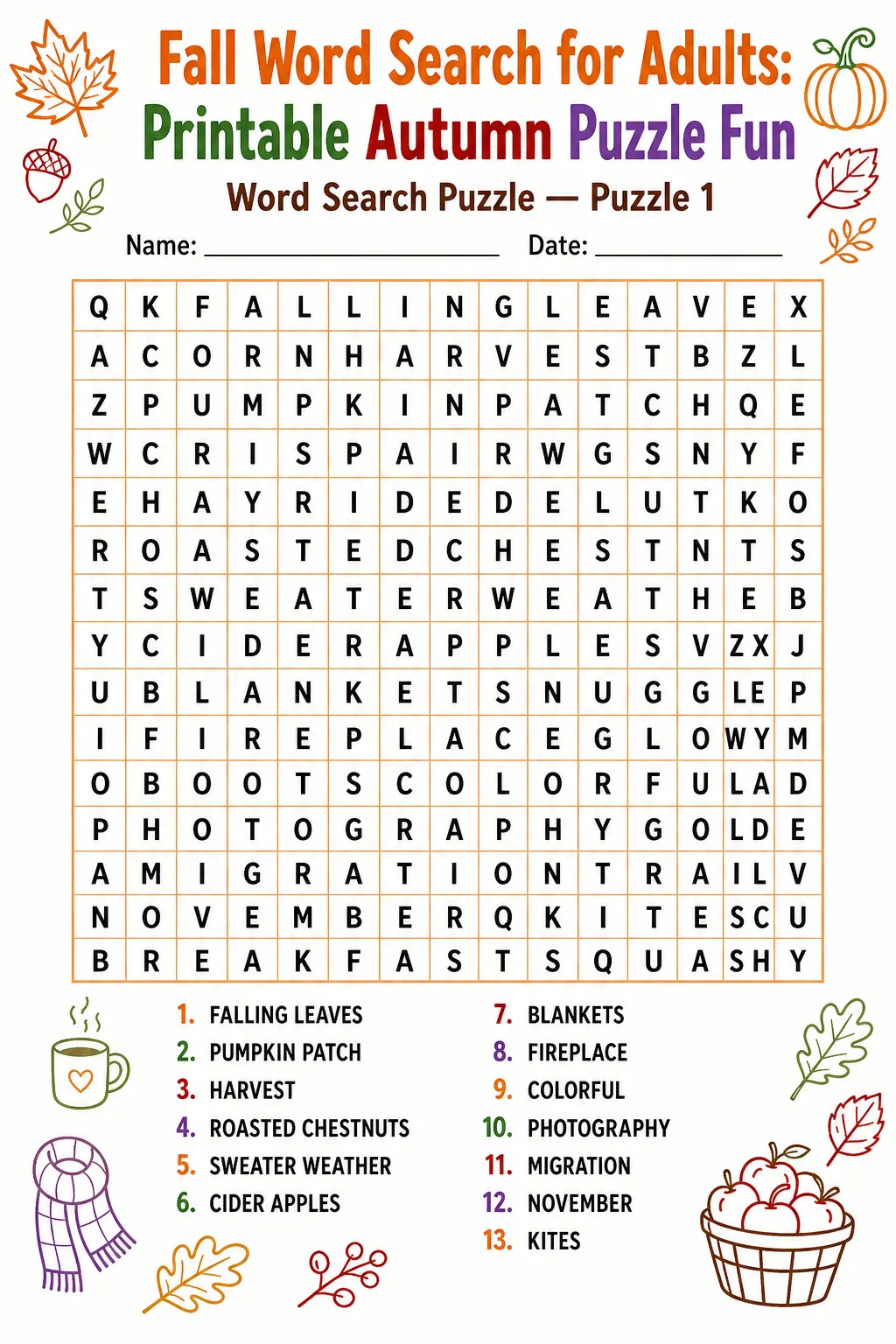 Fall Word Search for Adults: Printable Autumn Puzzle Fun