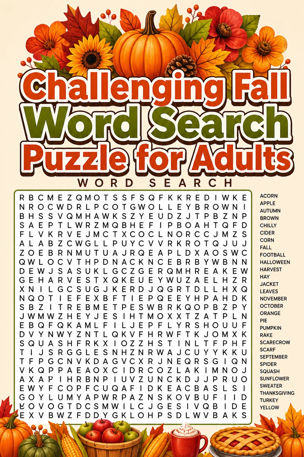 Challenging Fall Word Search Puzzle for Adults