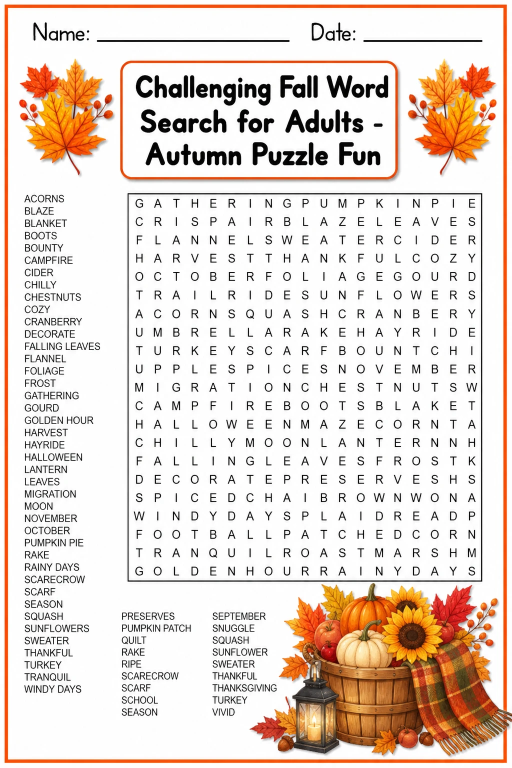 Challenging Fall Word Search for Adults - Autumn Puzzle Fun