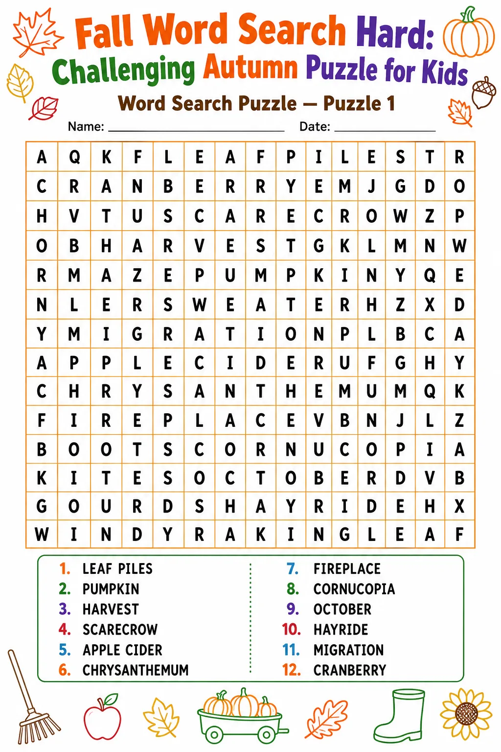 Fall Word Search Hard: Challenging Autumn Puzzle for Kids