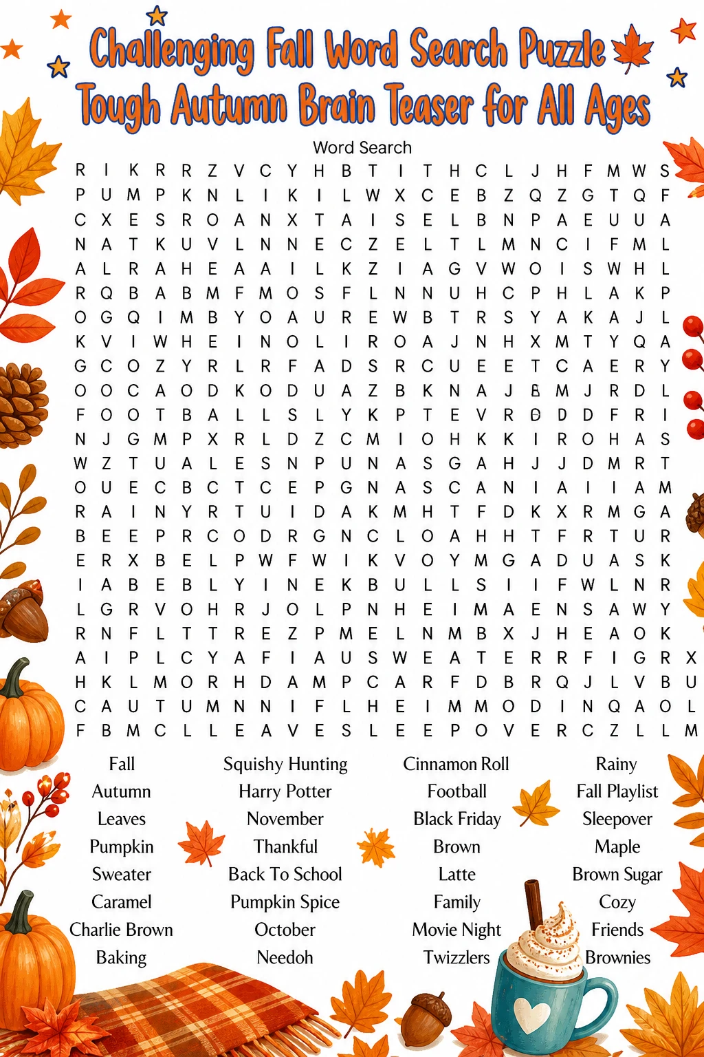 Challenging Fall Word Search Puzzle 🍁 Tough Autumn Brain Teaser for All Ages