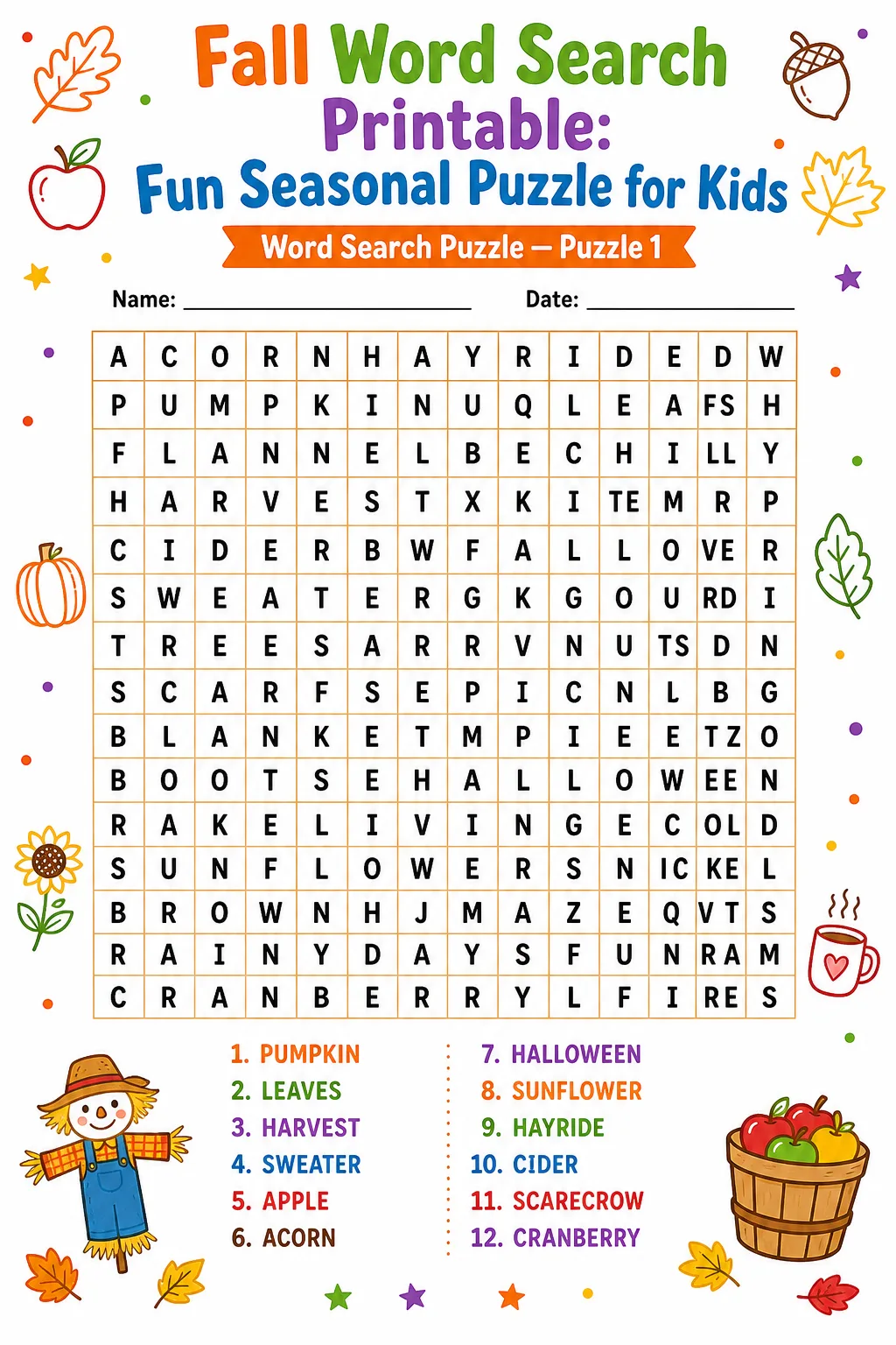 Fall Word Search Printable: Fun Seasonal Puzzle for Kids