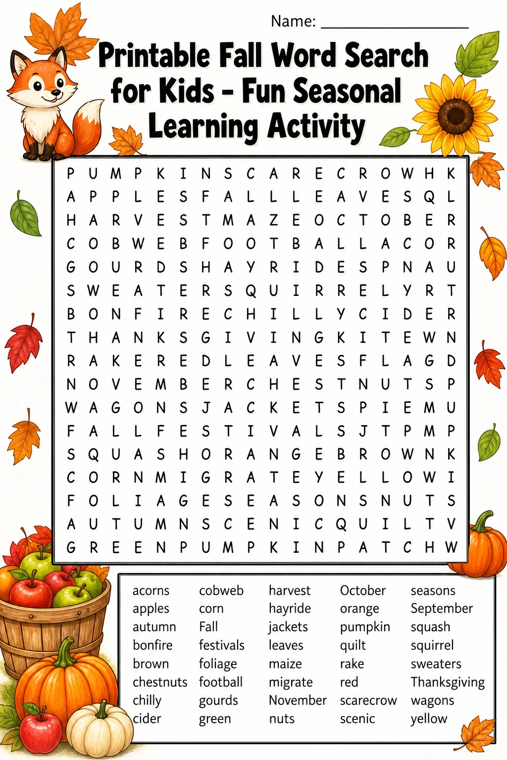 Printable Fall Word Search for Kids – Fun Seasonal Learning Activity