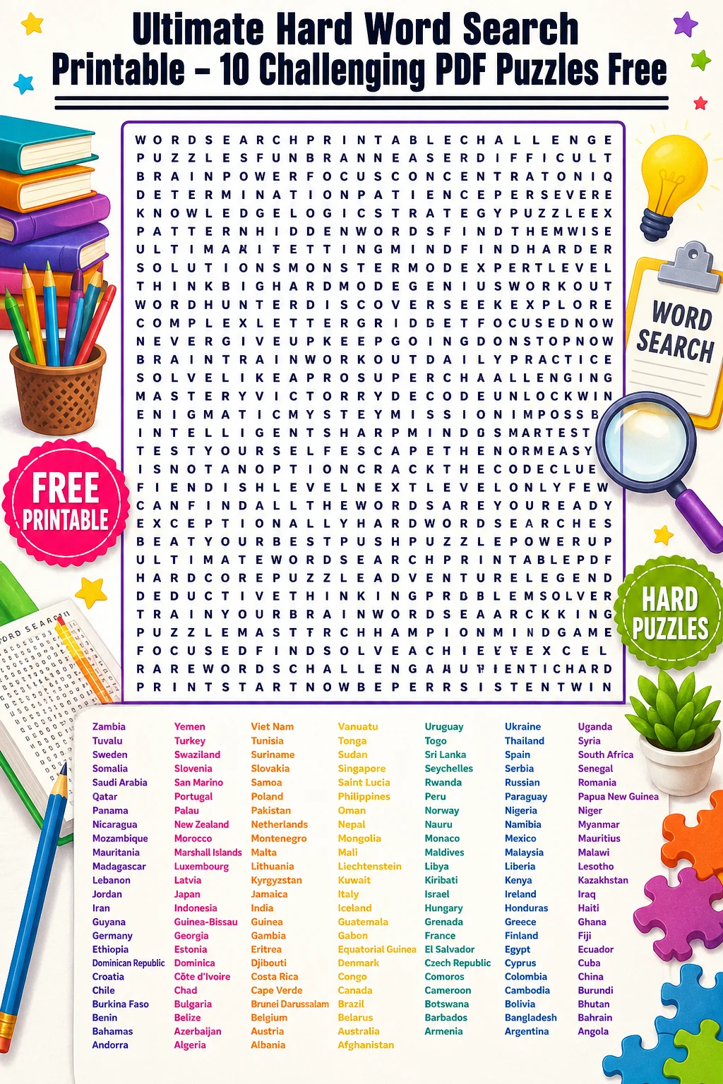 Ultimate Hard Word Search Printable – 10 Challenging PDF Puzzles Free