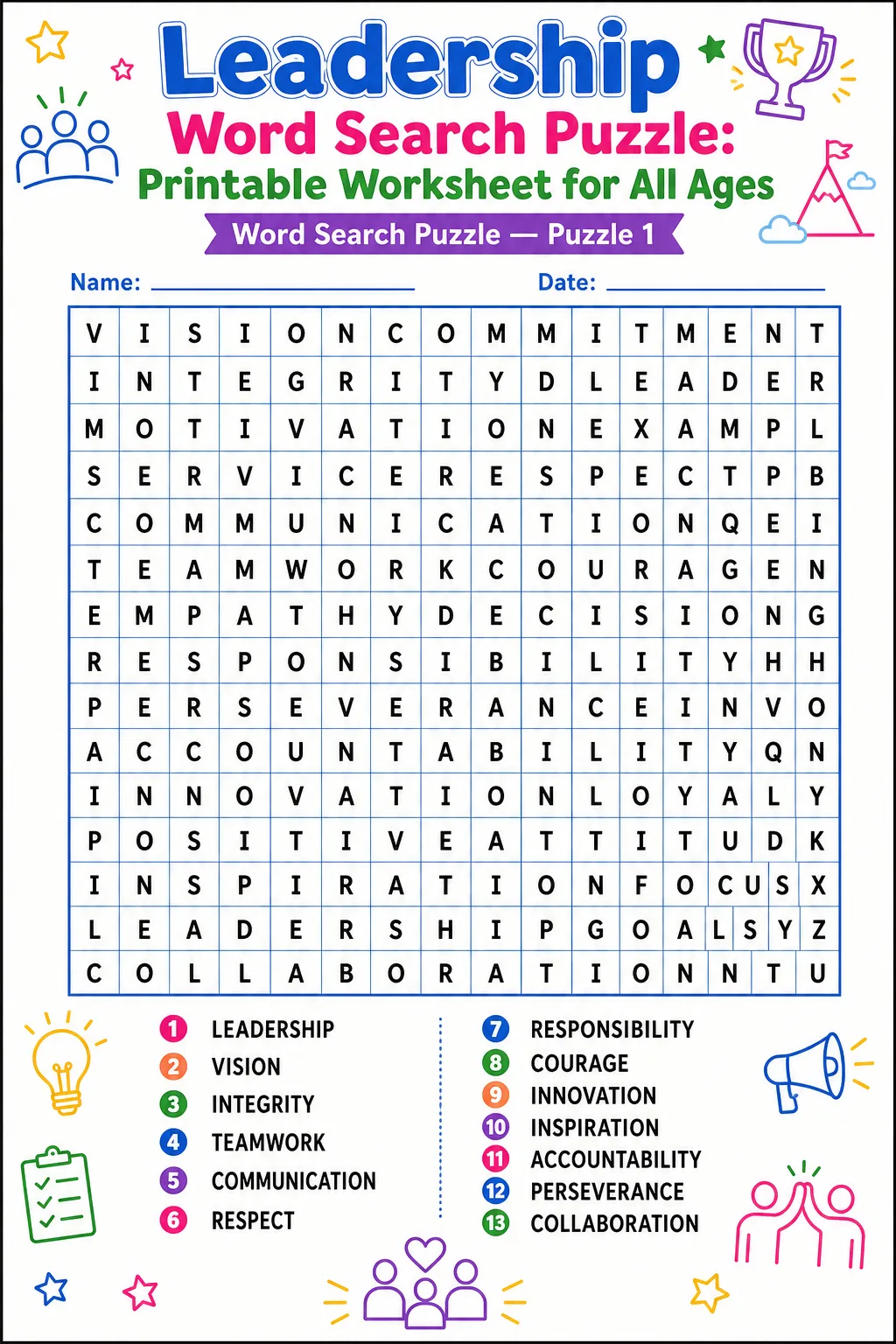 Leadership Word Search Puzzle: Printable Worksheet for All Ages