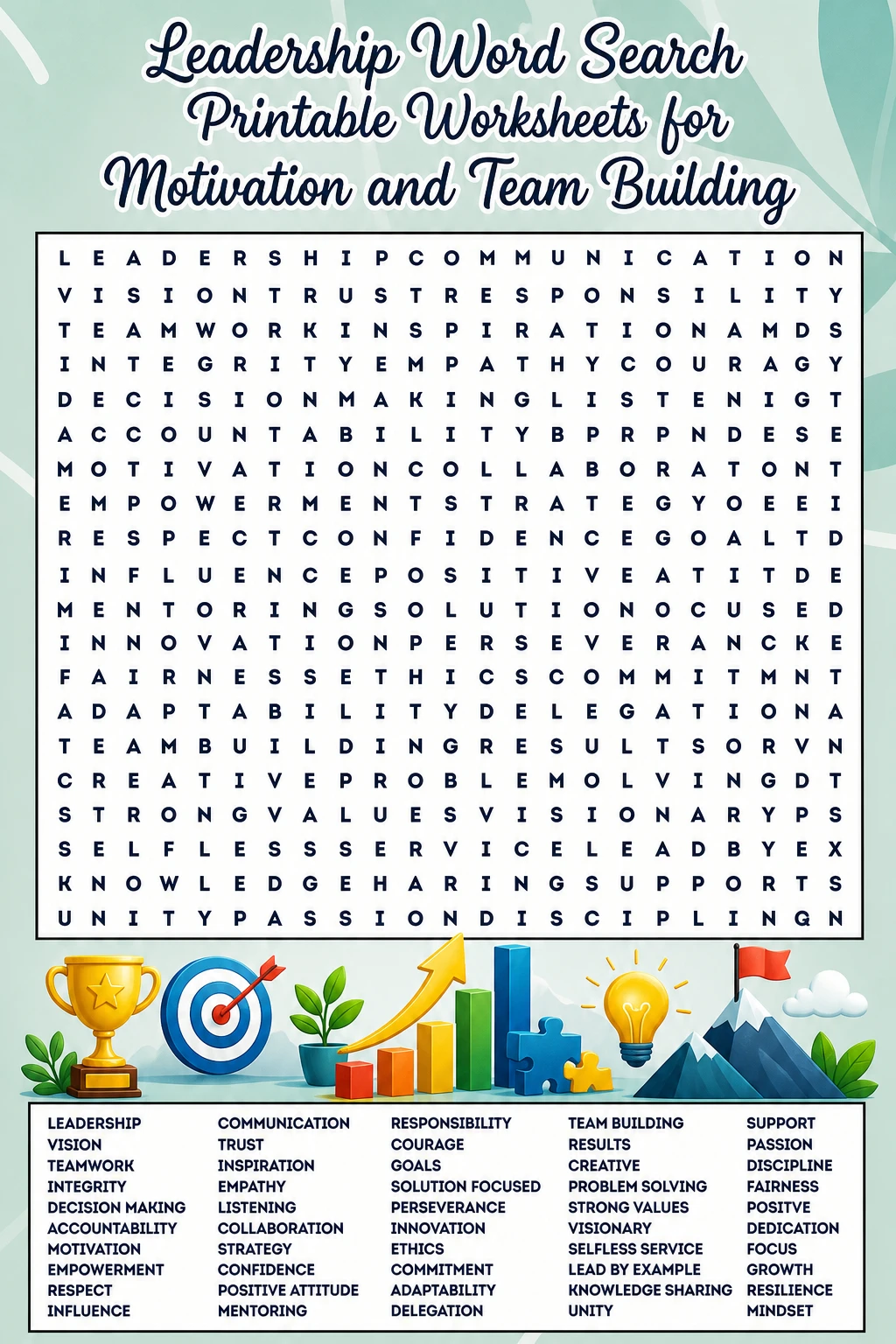 Leadership Word Search Printable Worksheets for Motivation and Team Building