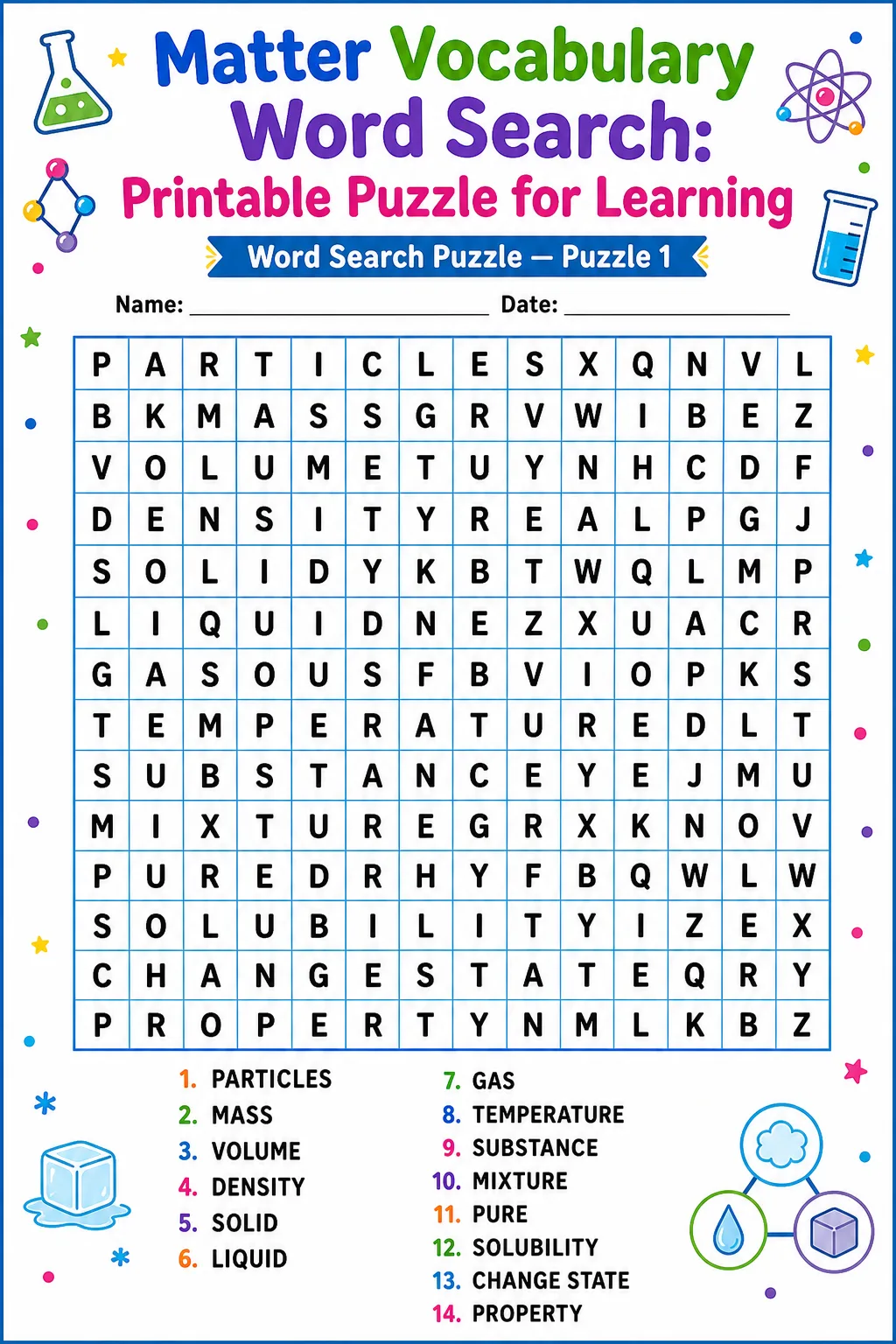 Matter Vocabulary Word Search: Printable Puzzle for Learning