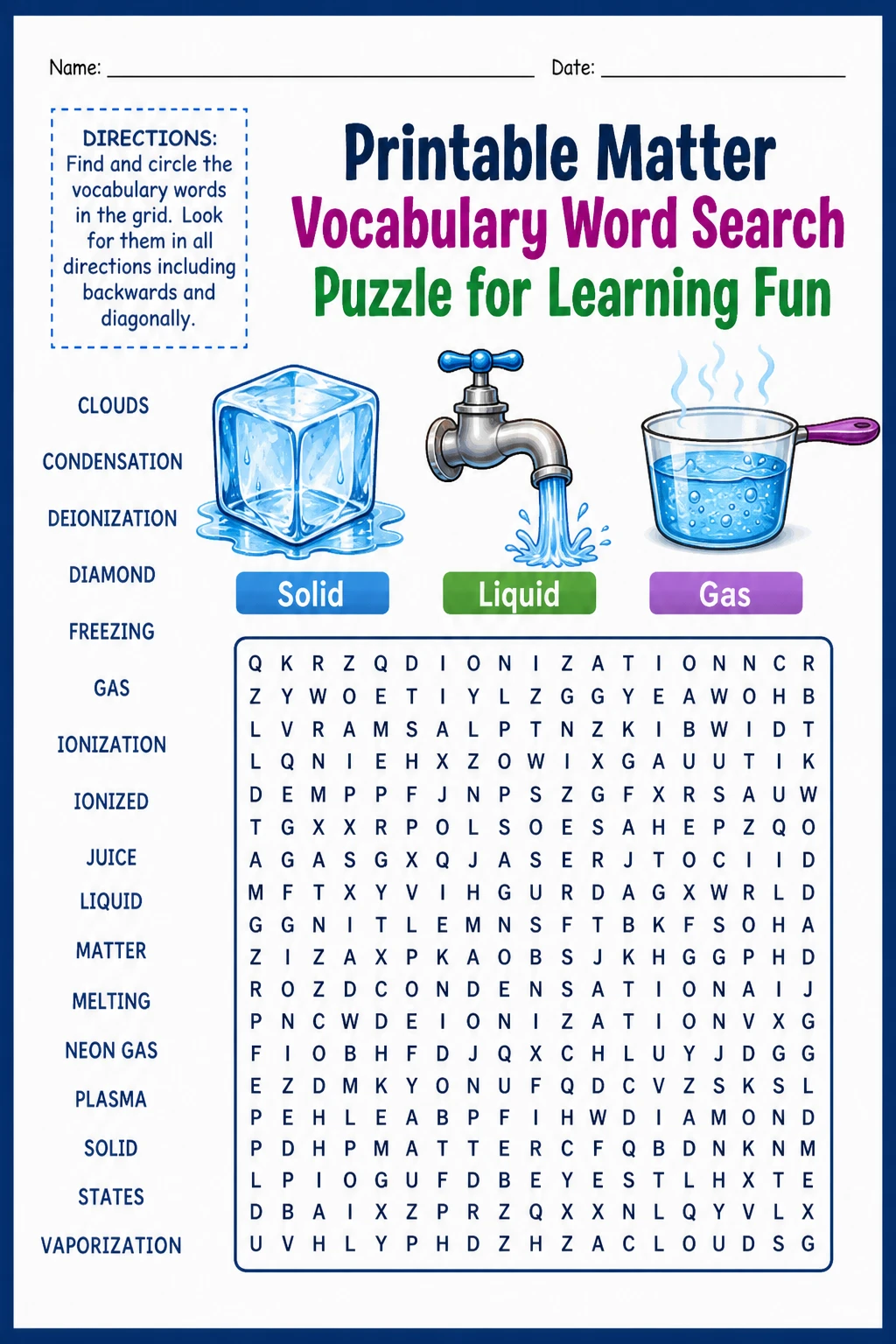 Printable Matter Vocabulary Word Search Puzzle for Learning Fun
